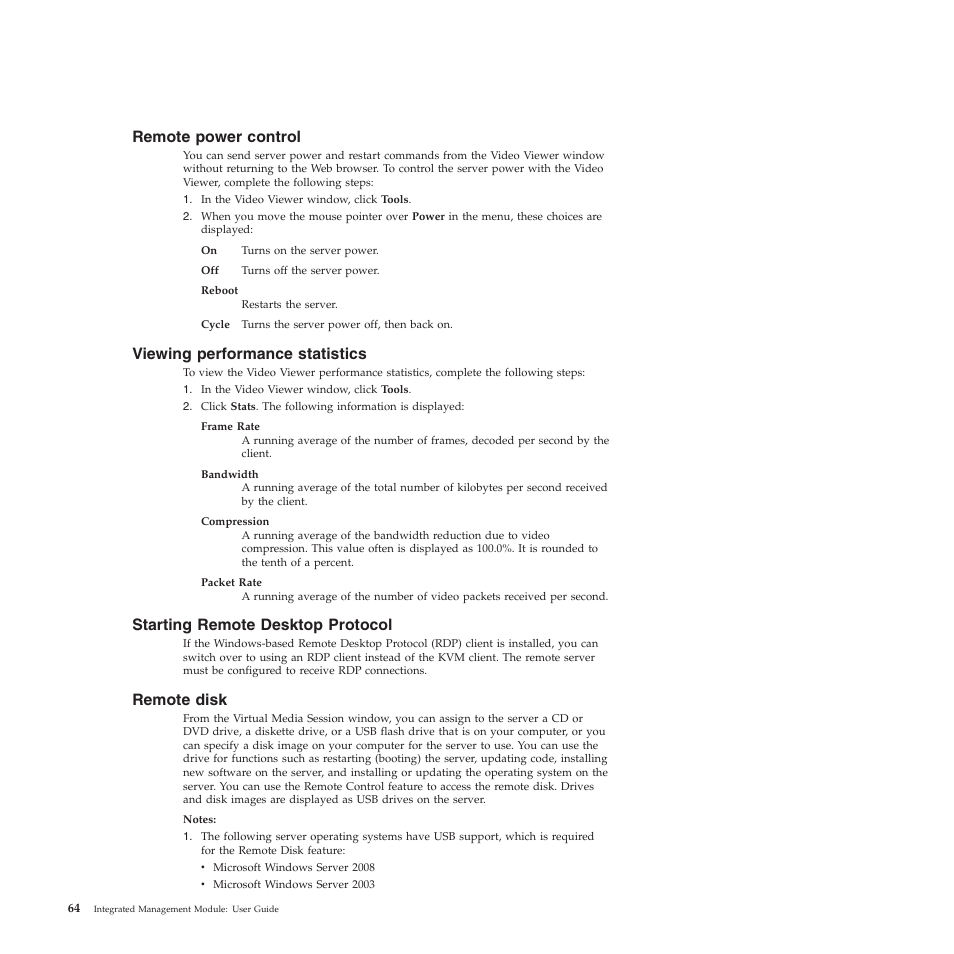 Remote power control, Viewing performance statistics, Starting remote desktop protocol | Remote disk | Lenovo ThinkServer TD200 User Manual | Page 70 / 120