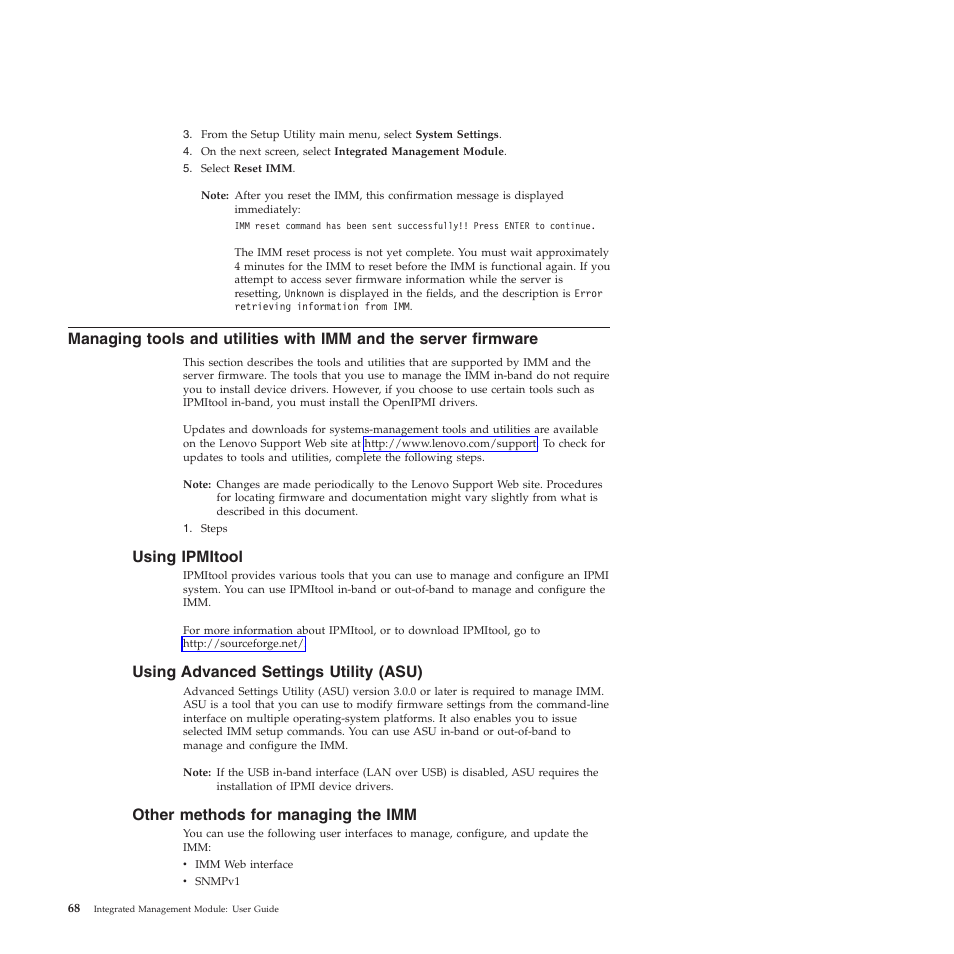 Using ipmitool, Using advanced settings utility (asu), Other methods for managing the imm | Lenovo ThinkServer TD200 User Manual | Page 74 / 120