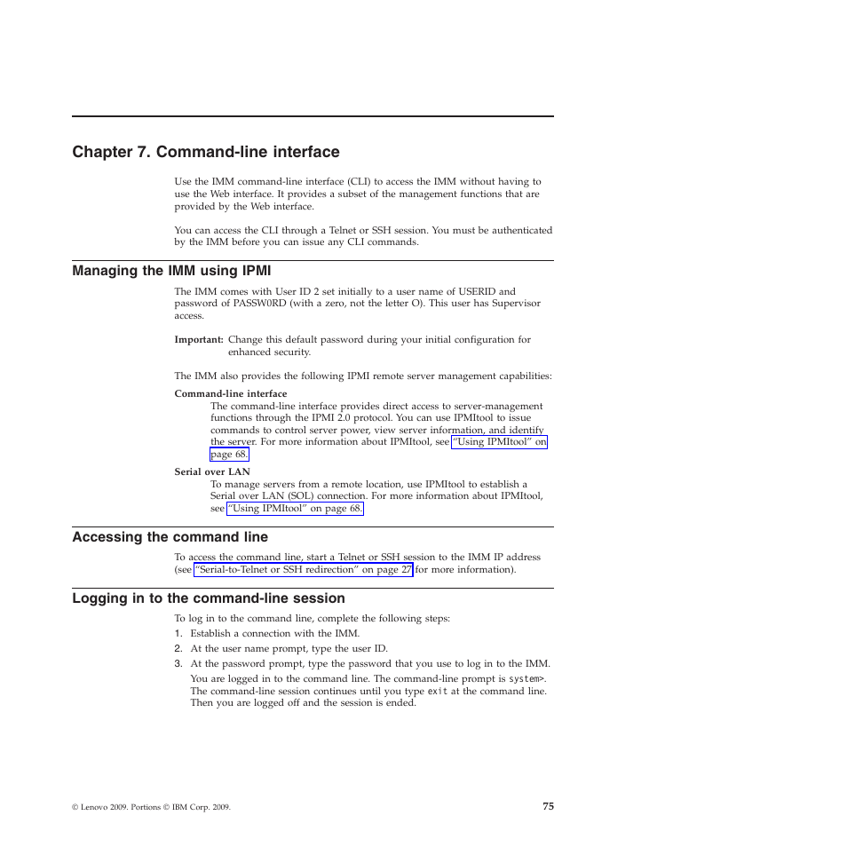 Chapter 7. command-line interface, Managing the imm using ipmi, Accessing the command line | Logging in to the command-line session | Lenovo ThinkServer TD200 User Manual | Page 81 / 120