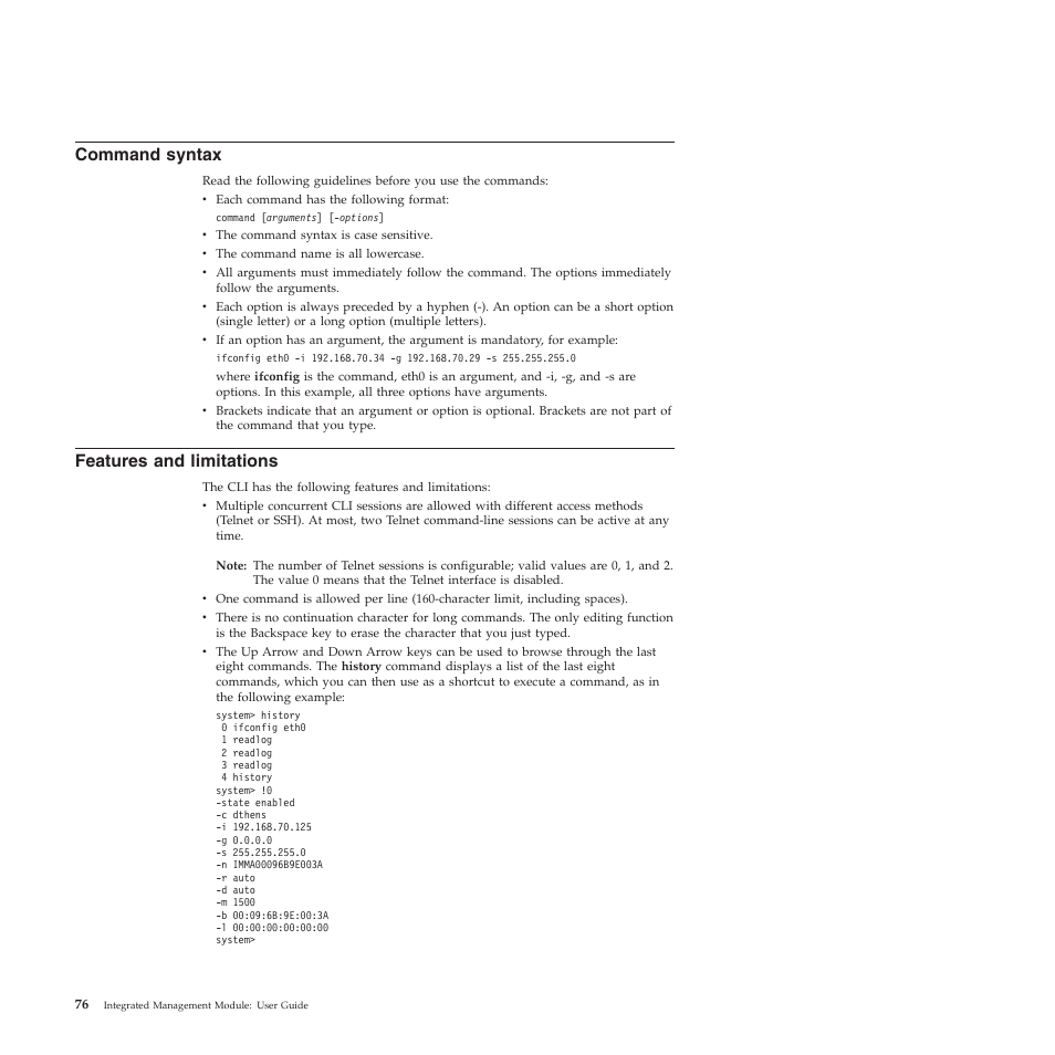 Command syntax, Features and limitations | Lenovo ThinkServer TD200 User Manual | Page 82 / 120