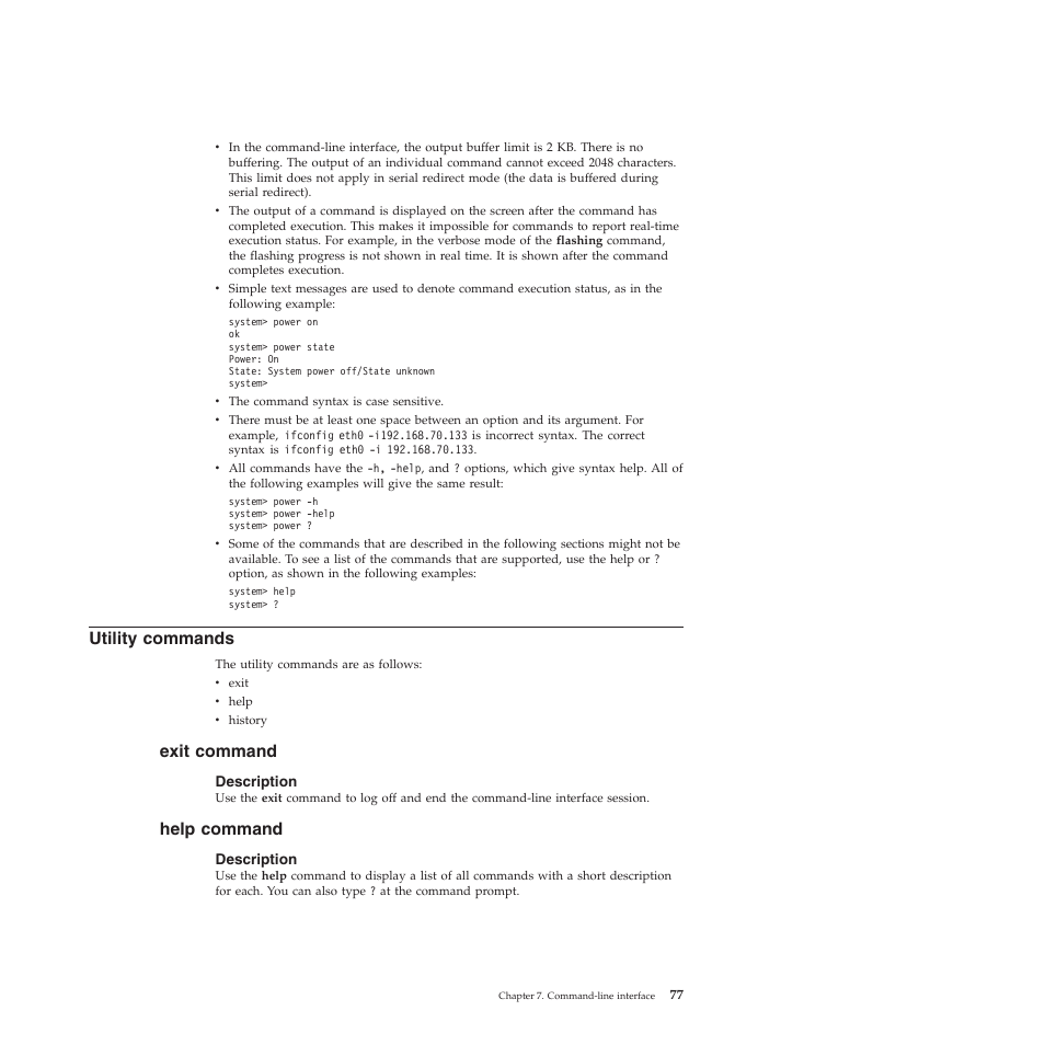 Utility commands, Exit command, Description | Help command | Lenovo ThinkServer TD200 User Manual | Page 83 / 120