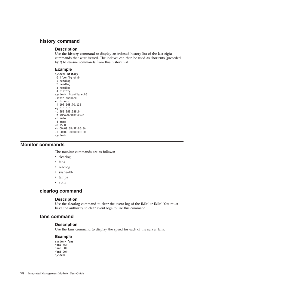History command, Description, Example | Monitor commands, Clearlog command, Fans command | Lenovo ThinkServer TD200 User Manual | Page 84 / 120