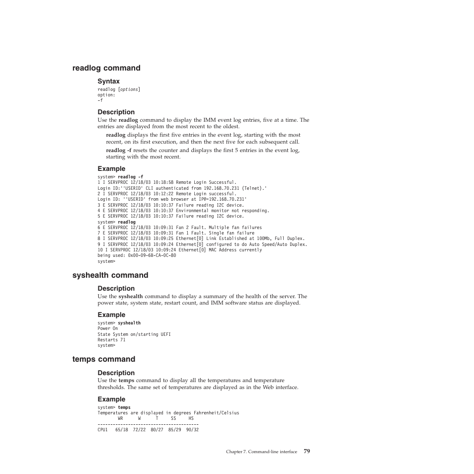 Readlog command, Syntax, Description | Example, Syshealth command, Temps command | Lenovo ThinkServer TD200 User Manual | Page 85 / 120