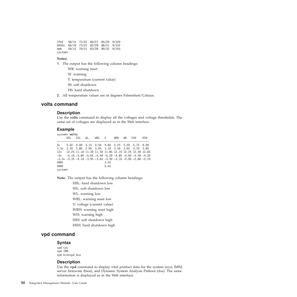 Volts command, Description, Example | Vpd command, Syntax | Lenovo ThinkServer TD200 User Manual | Page 86 / 120