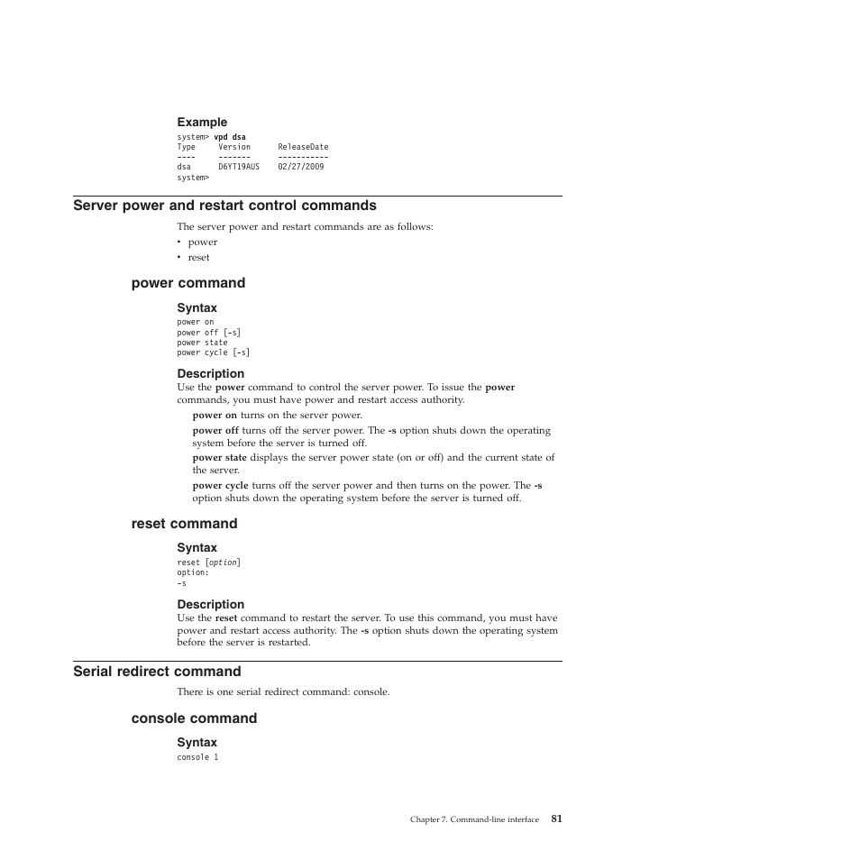 Example, Server power and restart control commands, Power command | Syntax, Description, Reset command, Serial redirect command, Console command | Lenovo ThinkServer TD200 User Manual | Page 87 / 120
