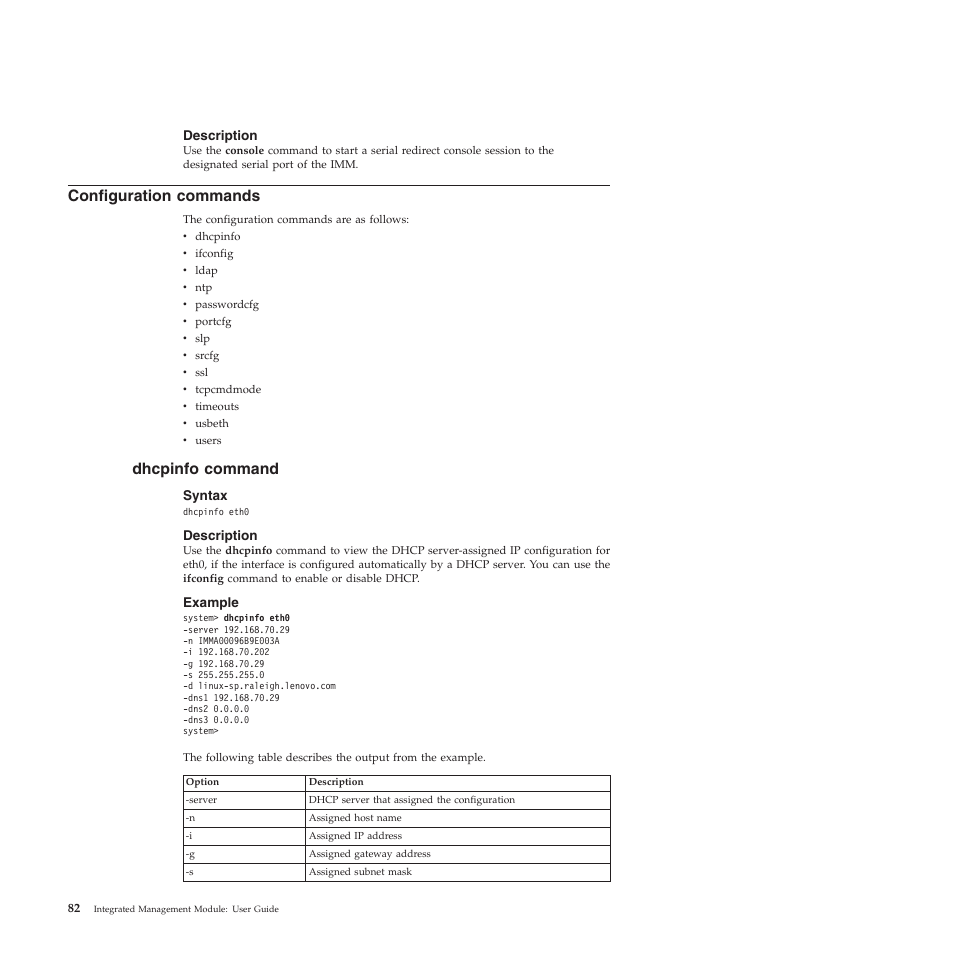 Description, Configuration commands, Dhcpinfo command | Syntax, Example | Lenovo ThinkServer TD200 User Manual | Page 88 / 120