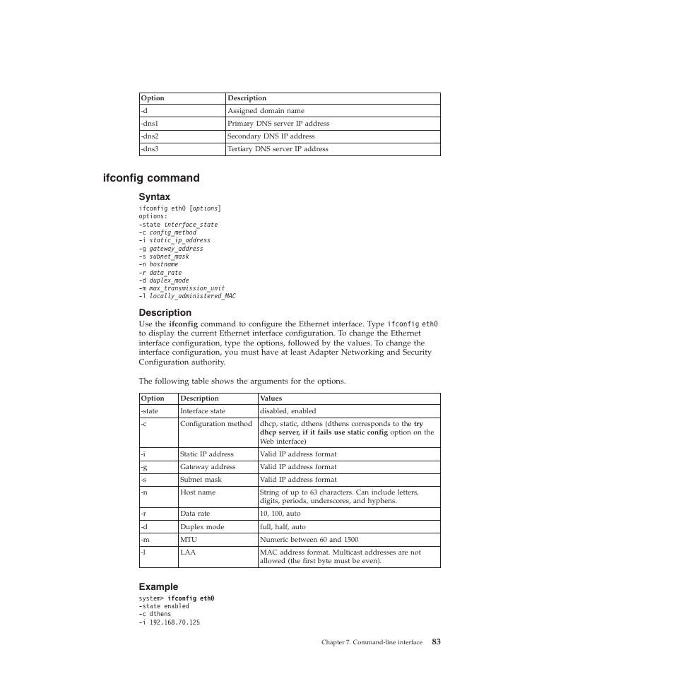 Ifconfig command, Syntax, Description | Example | Lenovo ThinkServer TD200 User Manual | Page 89 / 120