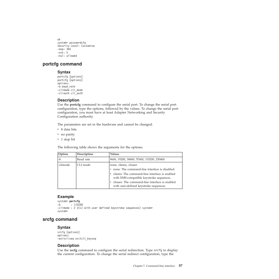 Portcfg command, Syntax, Description | Example, Srcfg command | Lenovo ThinkServer TD200 User Manual | Page 93 / 120