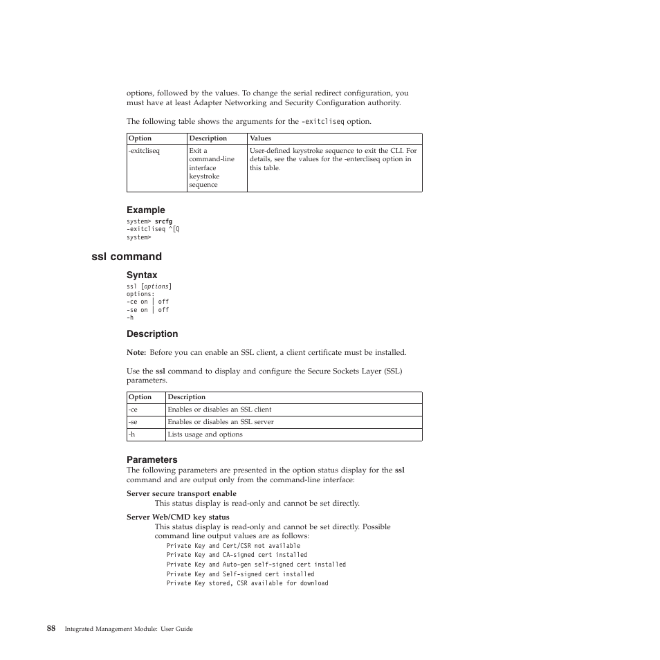 Example, Ssl command, Syntax | Description, Parameters | Lenovo ThinkServer TD200 User Manual | Page 94 / 120