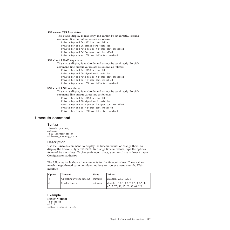 Timeouts command, Syntax, Description | Example | Lenovo ThinkServer TD200 User Manual | Page 95 / 120