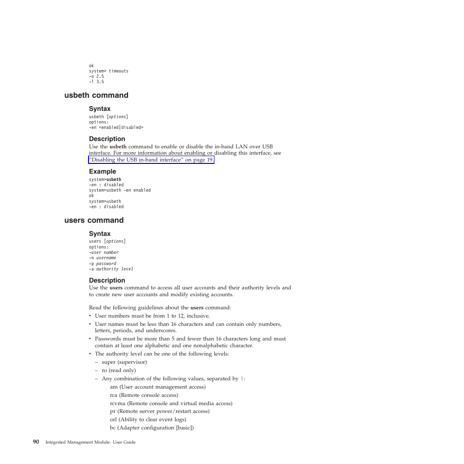 Usbeth command, Syntax, Description | Example, Users command | Lenovo ThinkServer TD200 User Manual | Page 96 / 120
