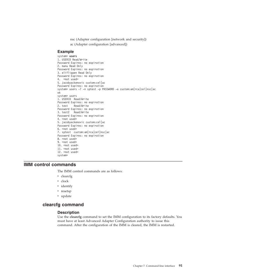 Example, Imm control commands, Clearcfg command | Description | Lenovo ThinkServer TD200 User Manual | Page 97 / 120