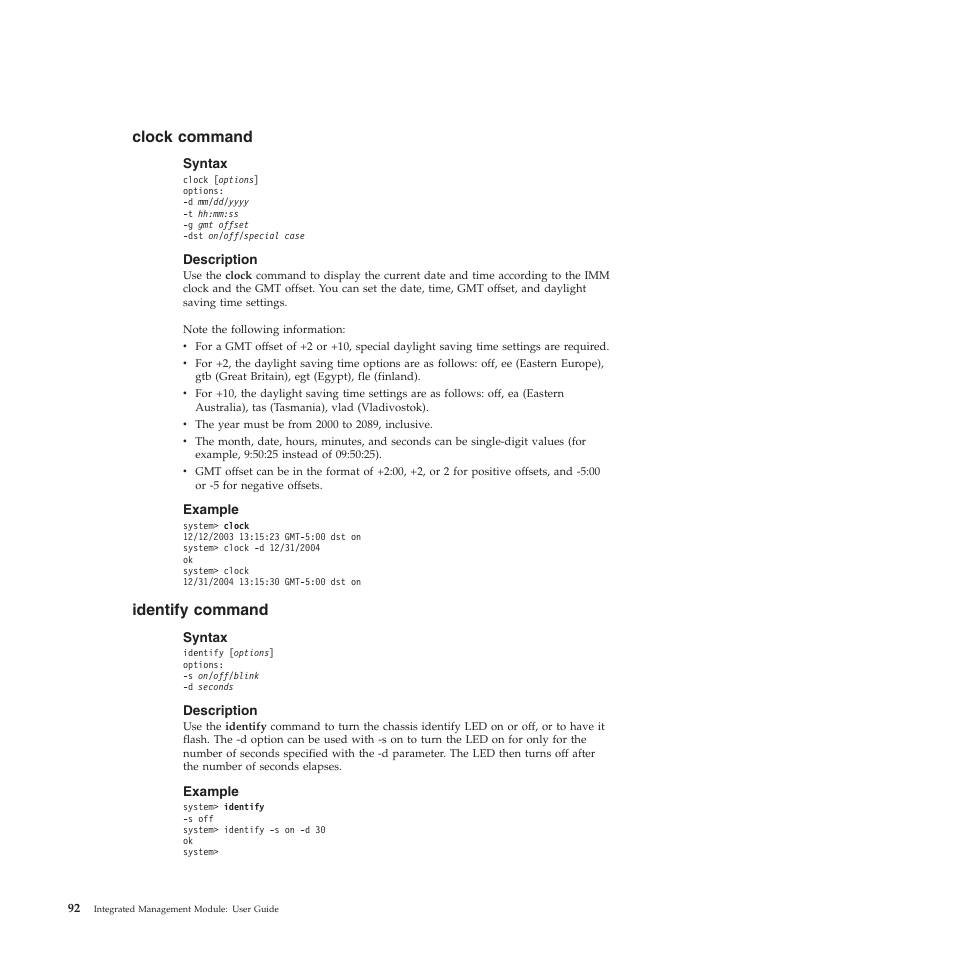 Clock command, Syntax, Description | Example, Identify command | Lenovo ThinkServer TD200 User Manual | Page 98 / 120