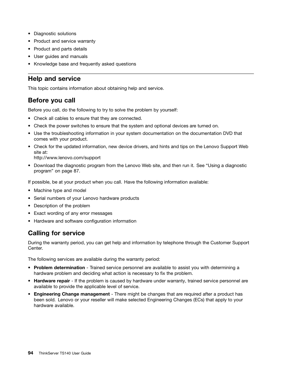 Help and service, Before you call, Calling for service | Lenovo ThinkServer TS140 User Manual | Page 106 / 124