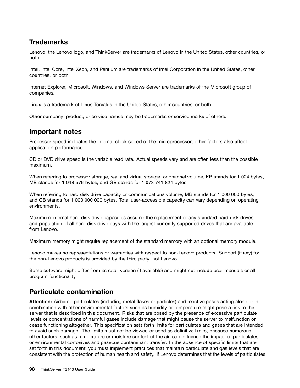 Trademarks, Important notes, Particulate contamination | Lenovo ThinkServer TS140 User Manual | Page 110 / 124