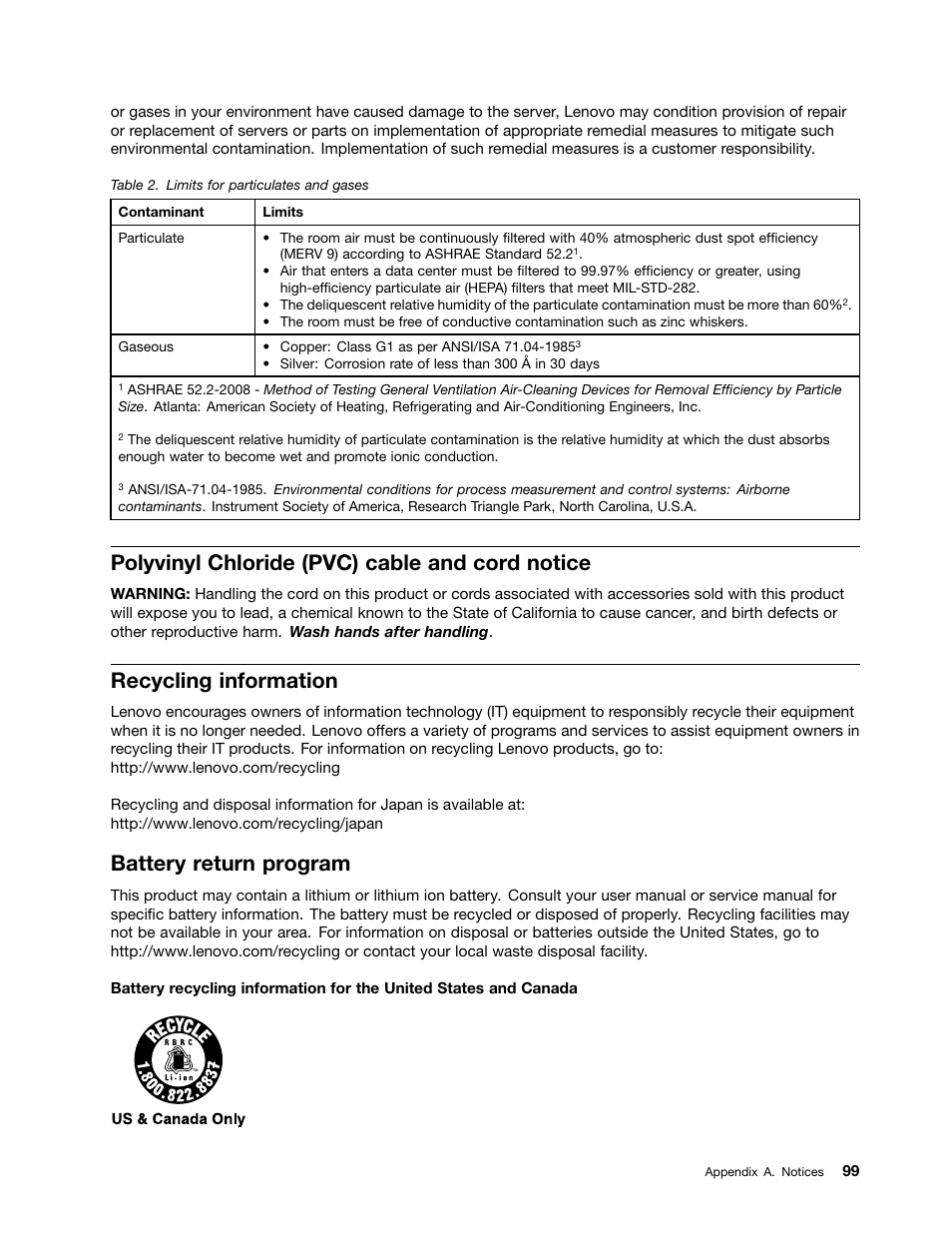 Polyvinyl chloride (pvc) cable and cord notice, Recycling information, Battery return program | Lenovo ThinkServer TS140 User Manual | Page 111 / 124