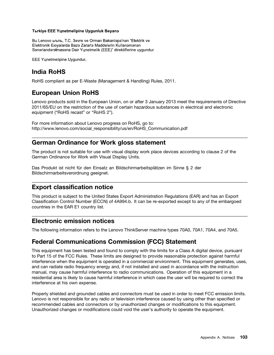 India rohs, European union rohs, German ordinance for work gloss statement | Export classification notice, Electronic emission notices, Federal communications commission (fcc) statement | Lenovo ThinkServer TS140 User Manual | Page 115 / 124