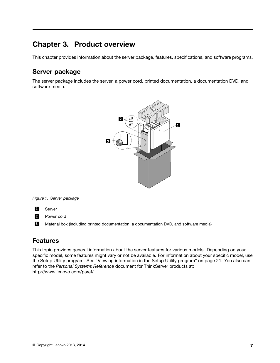 Chapter 3. product overview, Server package, Features | Lenovo ThinkServer TS140 User Manual | Page 19 / 124