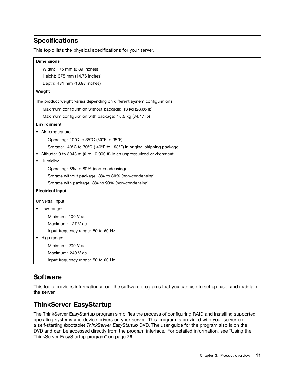 Specifications, Software, Thinkserver easystartup | Lenovo ThinkServer TS140 User Manual | Page 23 / 124
