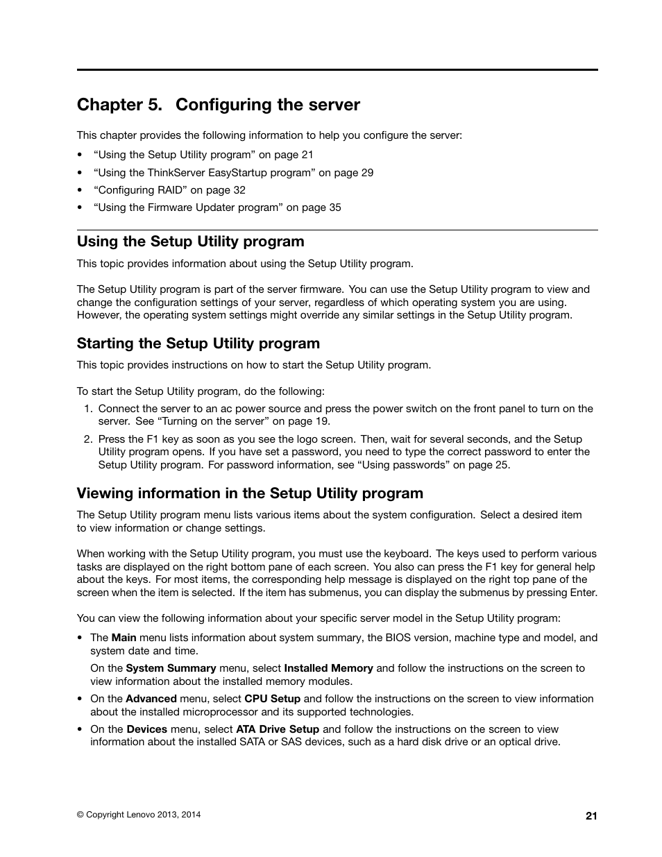 Chapter 5. configuring the server, Using the setup utility program, Starting the setup utility program | Viewing information in the setup utility program | Lenovo ThinkServer TS140 User Manual | Page 33 / 124