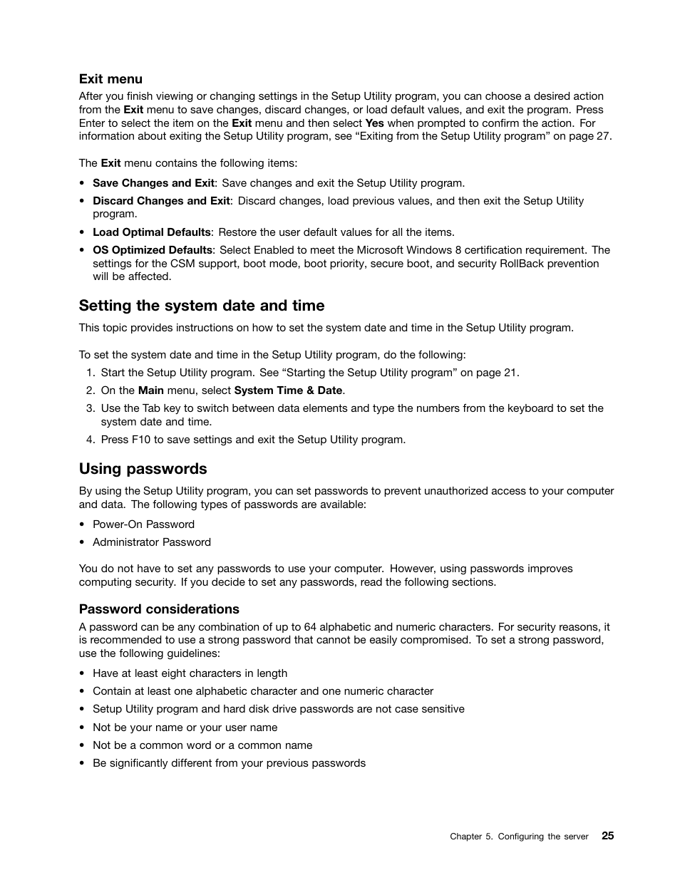 Setting the system date and time, Using passwords | Lenovo ThinkServer TS140 User Manual | Page 37 / 124