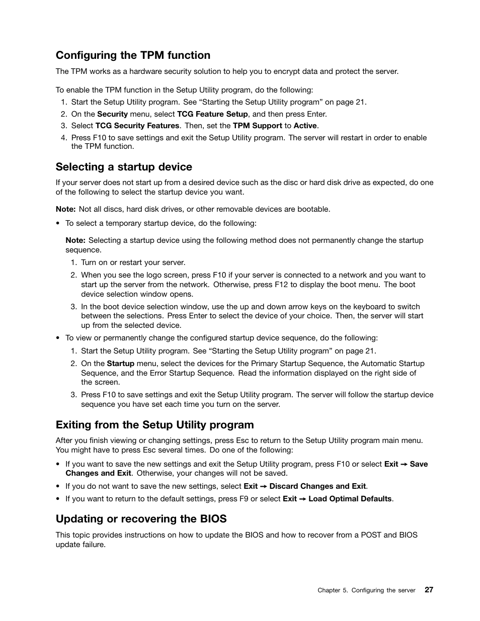 Configuring the tpm function, Selecting a startup device, Exiting from the setup utility program | Updating or recovering the bios | Lenovo ThinkServer TS140 User Manual | Page 39 / 124