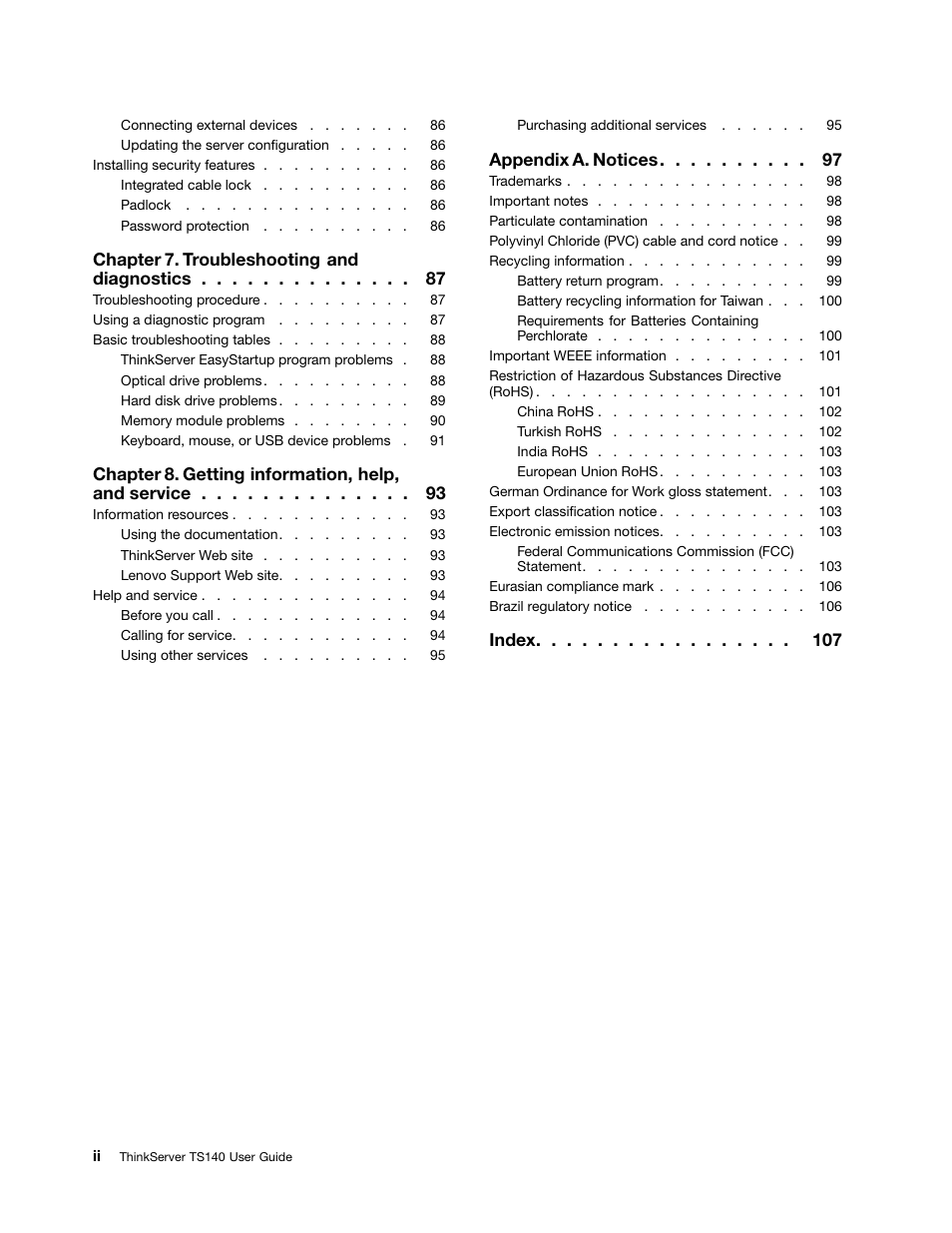 Chapter 7. troubleshooting and diagnostics, Chapter 8. getting information, help, and service, Appendix a. notices | Index | Lenovo ThinkServer TS140 User Manual | Page 4 / 124