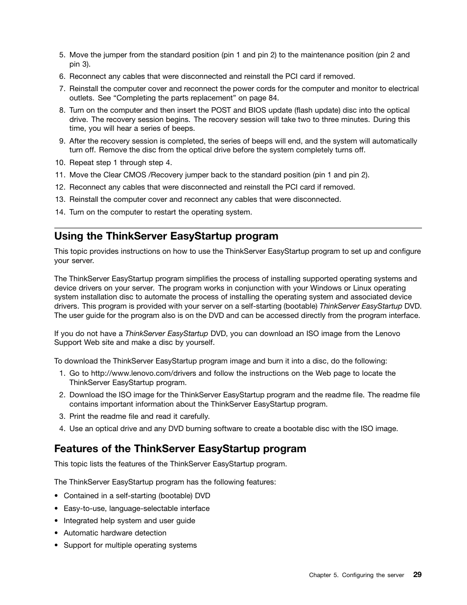 Using the thinkserver easystartup program, Features of the thinkserver easystartup program | Lenovo ThinkServer TS140 User Manual | Page 41 / 124