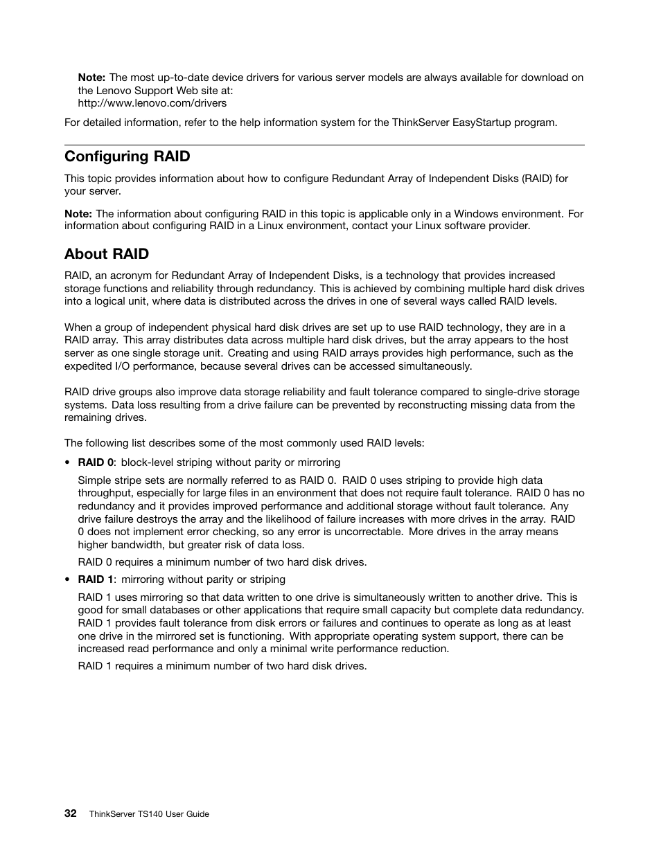 Configuring raid, About raid | Lenovo ThinkServer TS140 User Manual | Page 44 / 124