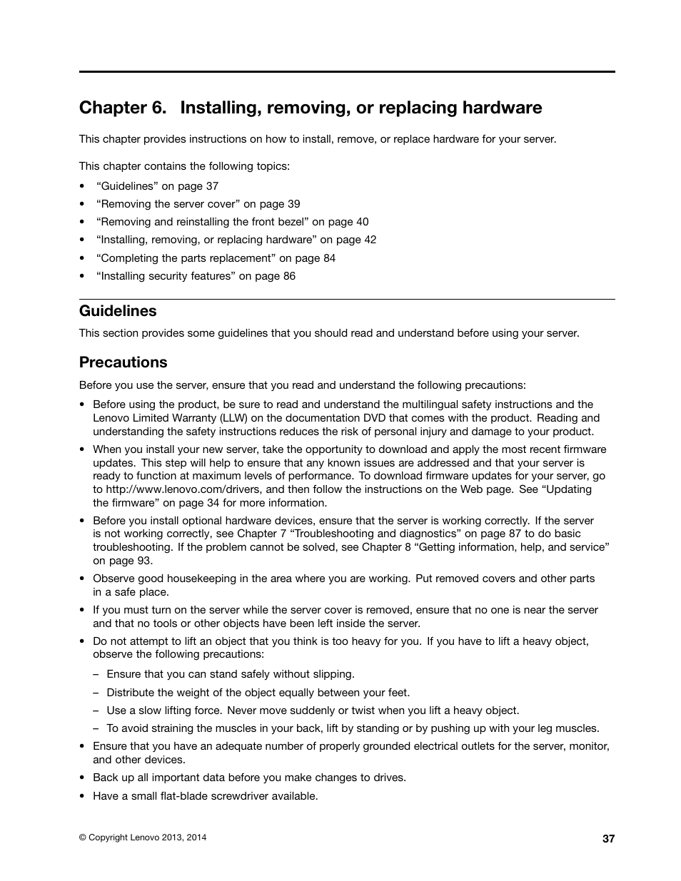 Guidelines, Precautions, Chapter 6 “installing, removing | Lenovo ThinkServer TS140 User Manual | Page 49 / 124