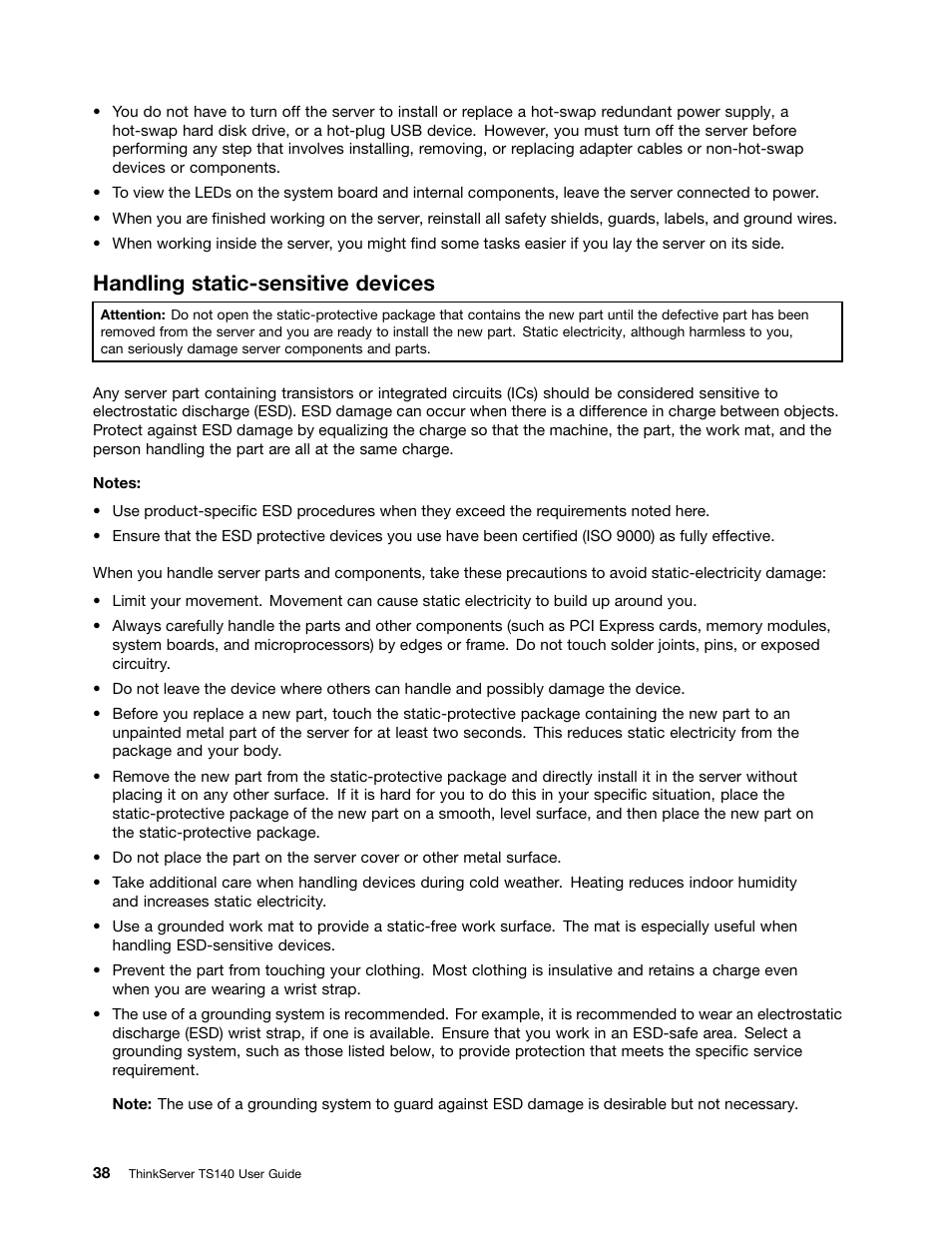 Handling static-sensitive devices | Lenovo ThinkServer TS140 User Manual | Page 50 / 124