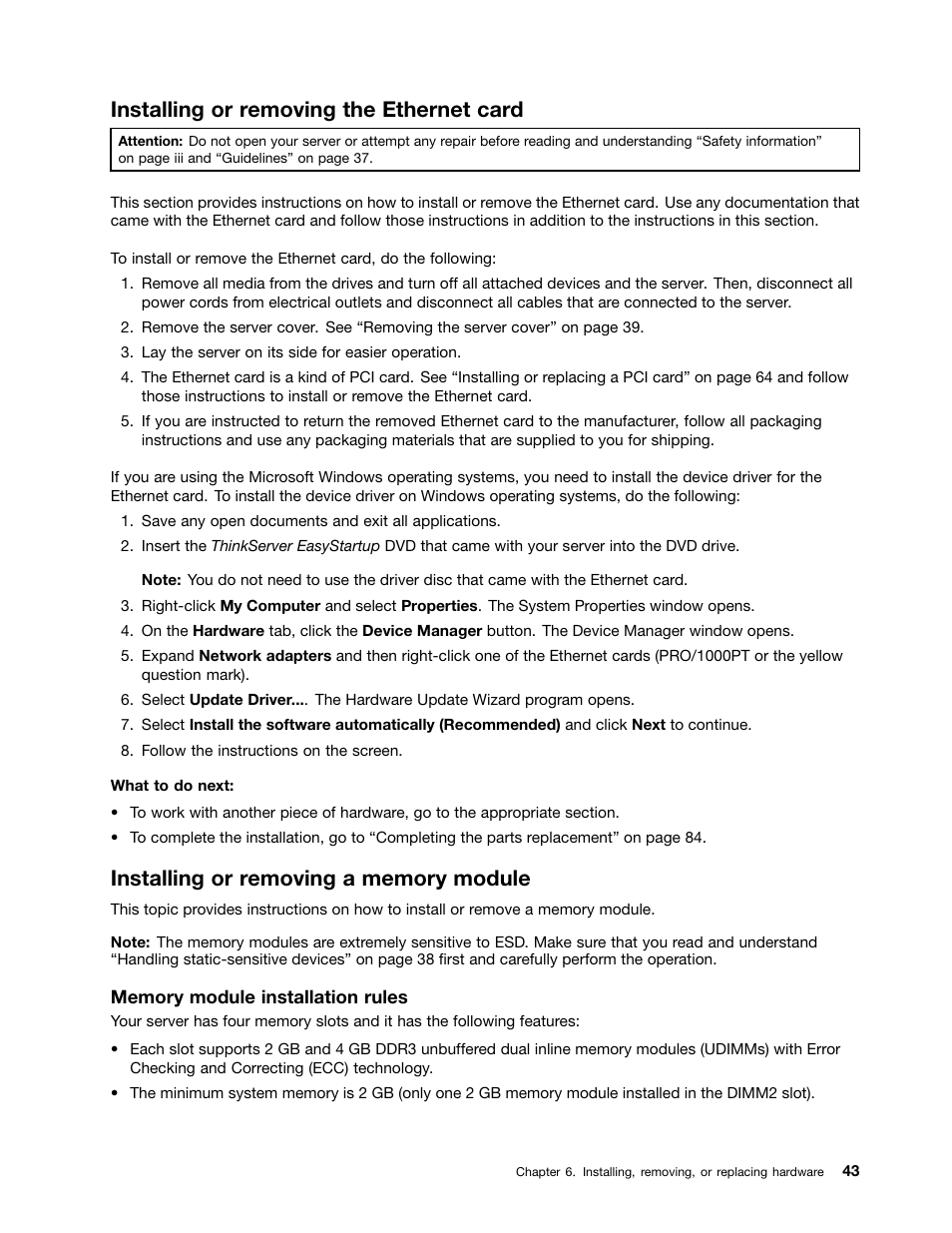 Installing or removing the ethernet card, Installing or removing a memory module | Lenovo ThinkServer TS140 User Manual | Page 55 / 124