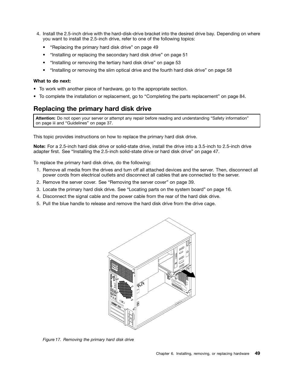 Replacing the primary hard disk drive | Lenovo ThinkServer TS140 User Manual | Page 61 / 124