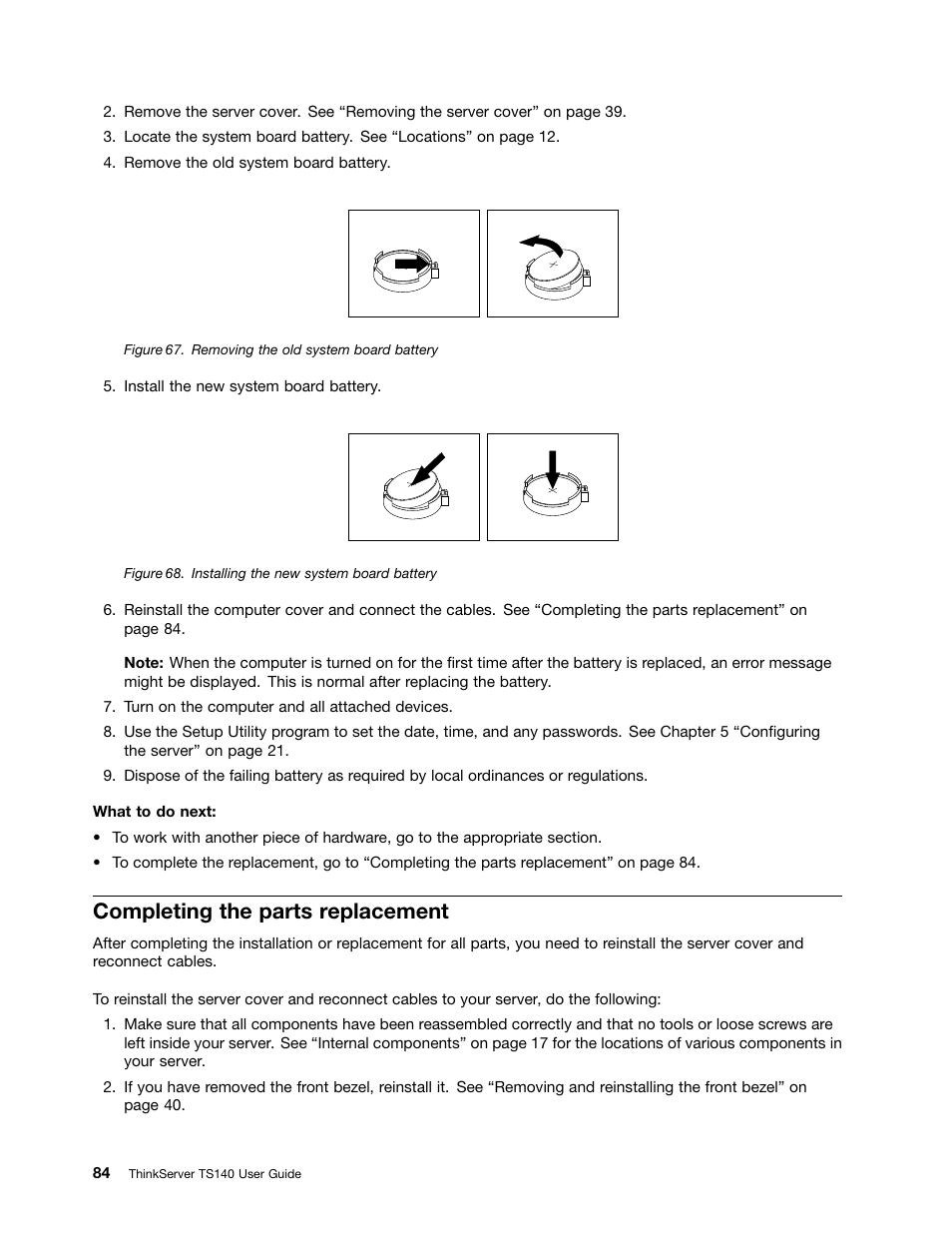 Completing the parts replacement | Lenovo ThinkServer TS140 User Manual | Page 96 / 124