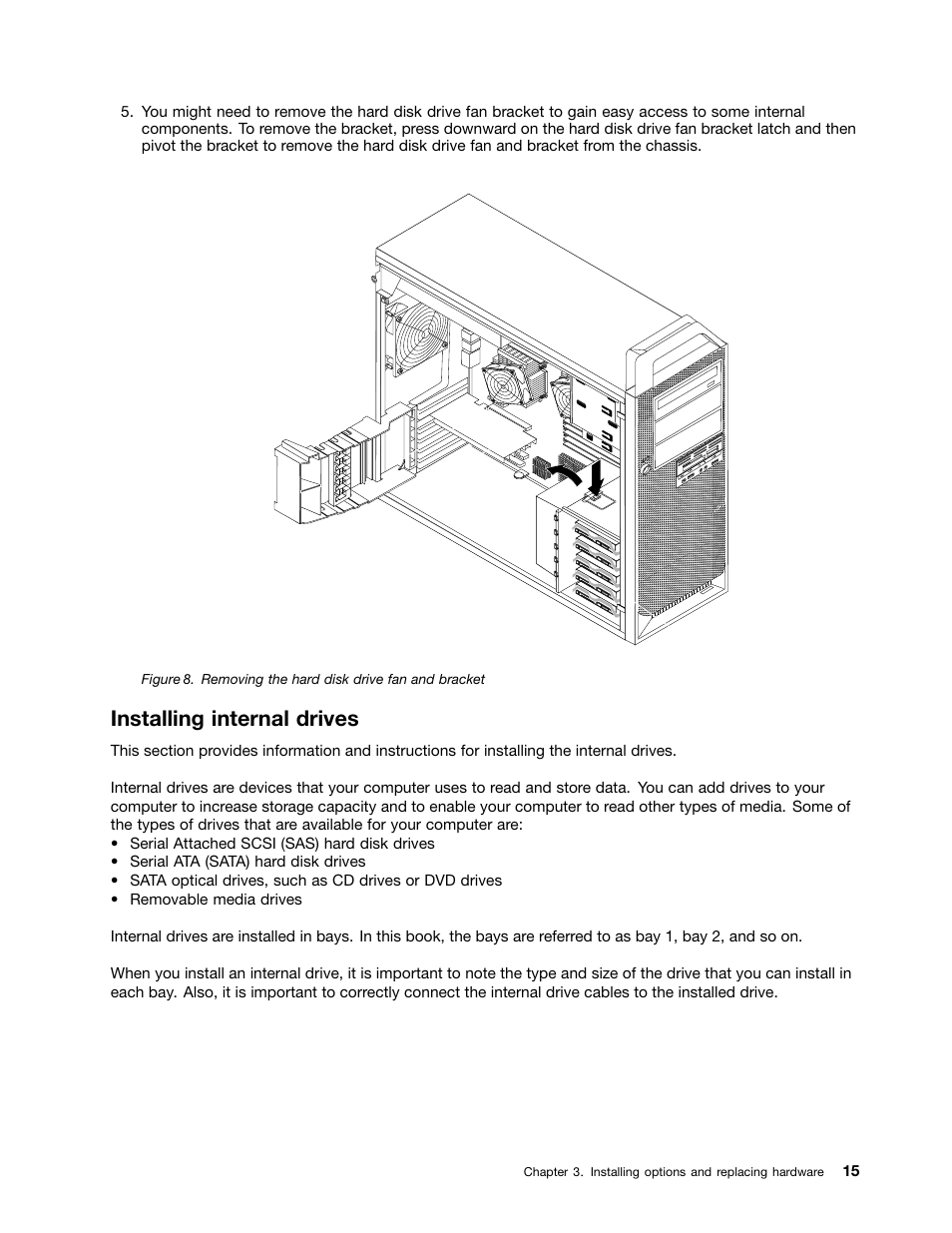Installing internal drives, Removing the hard disk drive fan and bracket | Lenovo ThinkStation D20 User Manual | Page 21 / 64