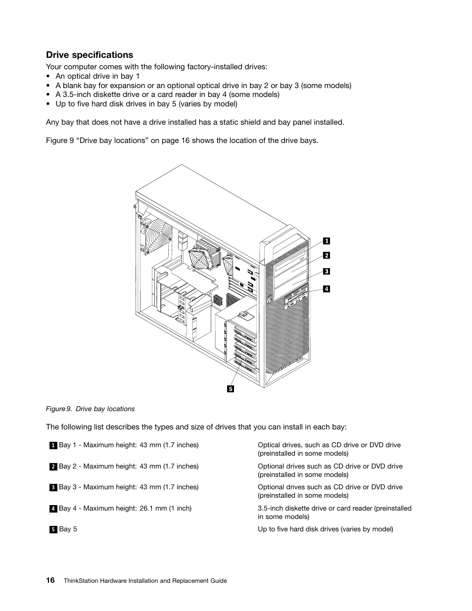 Drive bay locations, Drive specifications | Lenovo ThinkStation D20 User Manual | Page 22 / 64