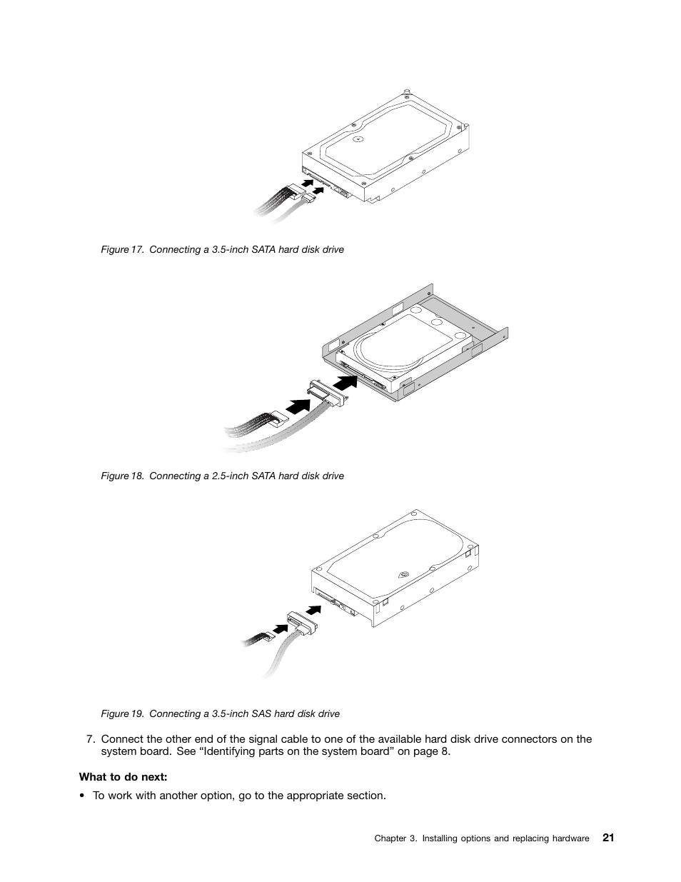 Connecting a 3.5-inch sata hard disk drive, Connecting a 2.5-inch sata hard disk drive, Connecting a 3.5-inch sas hard disk drive | Lenovo ThinkStation D20 User Manual | Page 27 / 64