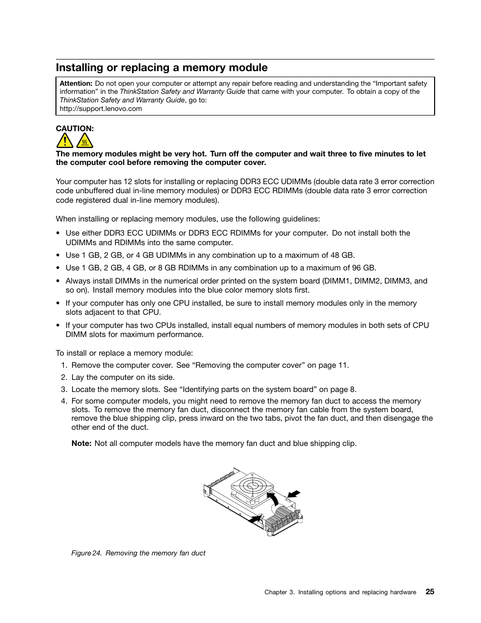 Installing or replacing a memory module, Removing the memory fan duct | Lenovo ThinkStation D20 User Manual | Page 31 / 64