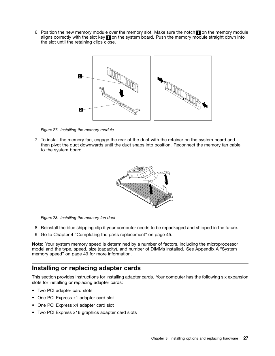 Installing or replacing adapter cards, Installing the memory module, Installing the memory fan duct | Lenovo ThinkStation D20 User Manual | Page 33 / 64