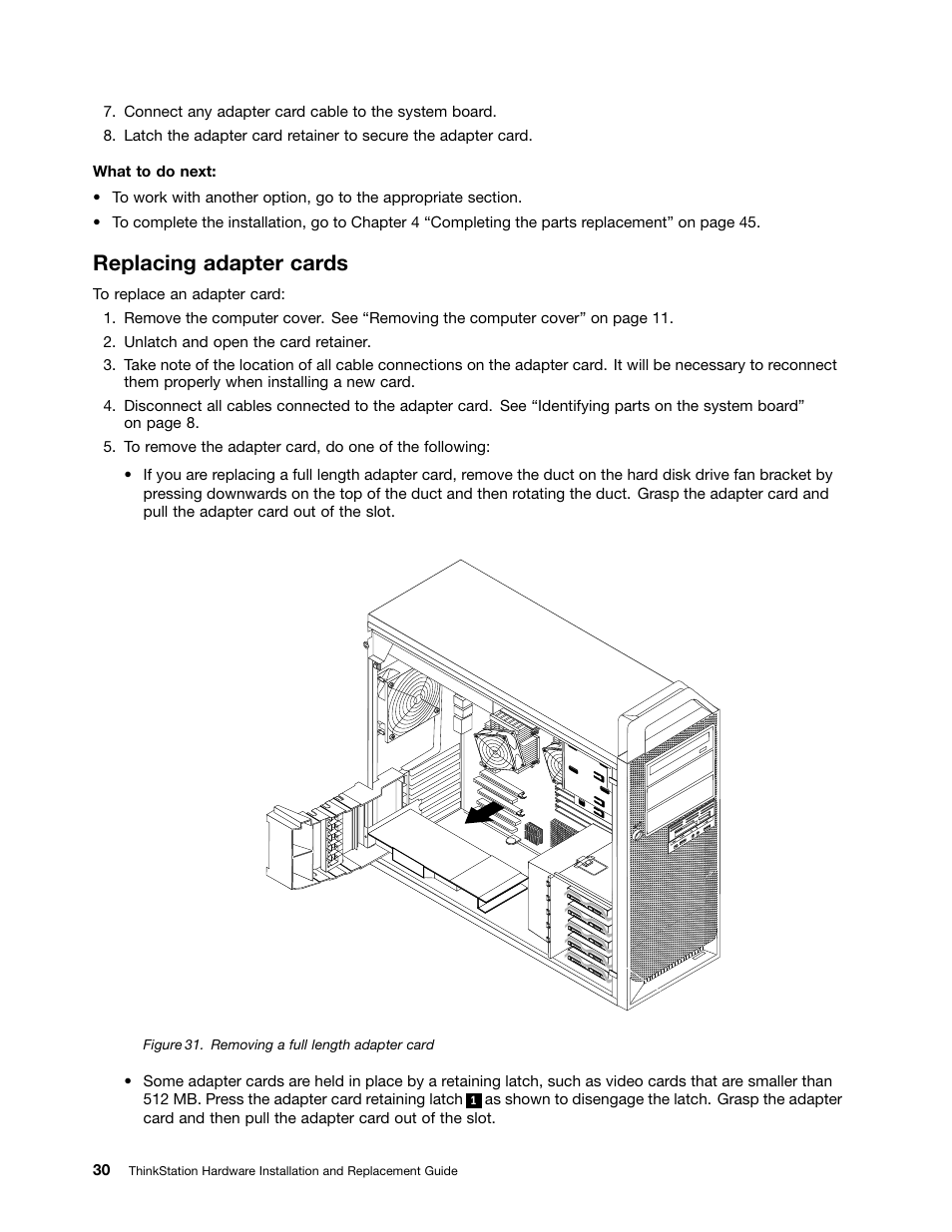 Replacing adapter cards, Removing a full length adapter card | Lenovo ThinkStation D20 User Manual | Page 36 / 64