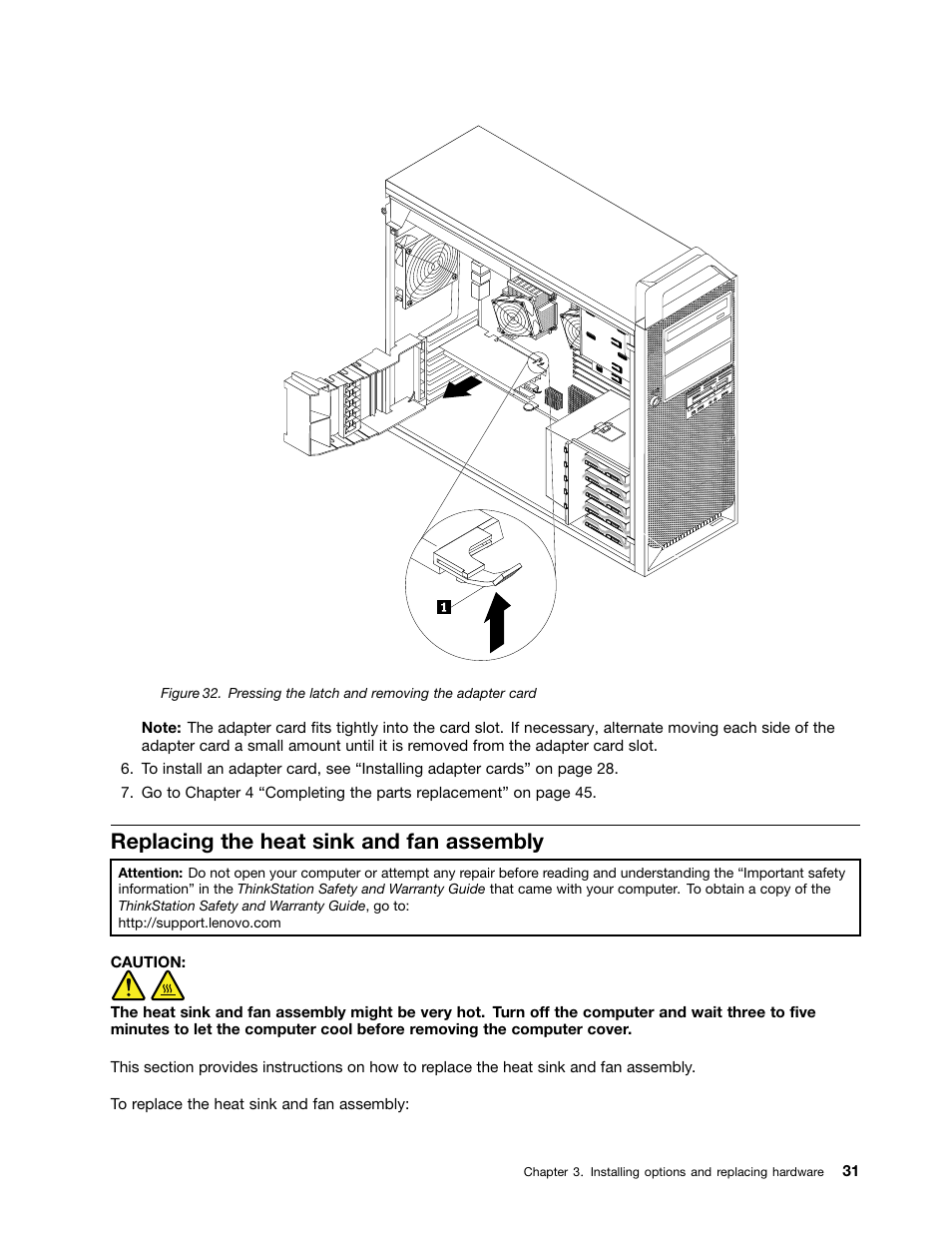 Replacing the heat sink and fan assembly, Pressing the latch and removing the adapter card | Lenovo ThinkStation D20 User Manual | Page 37 / 64