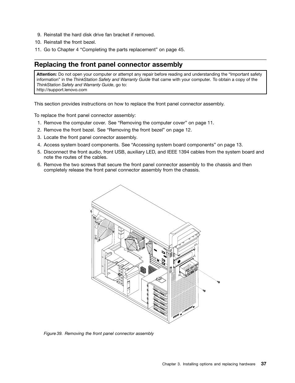 Replacing the front panel connector assembly, Removing the front panel connector assembly | Lenovo ThinkStation D20 User Manual | Page 43 / 64