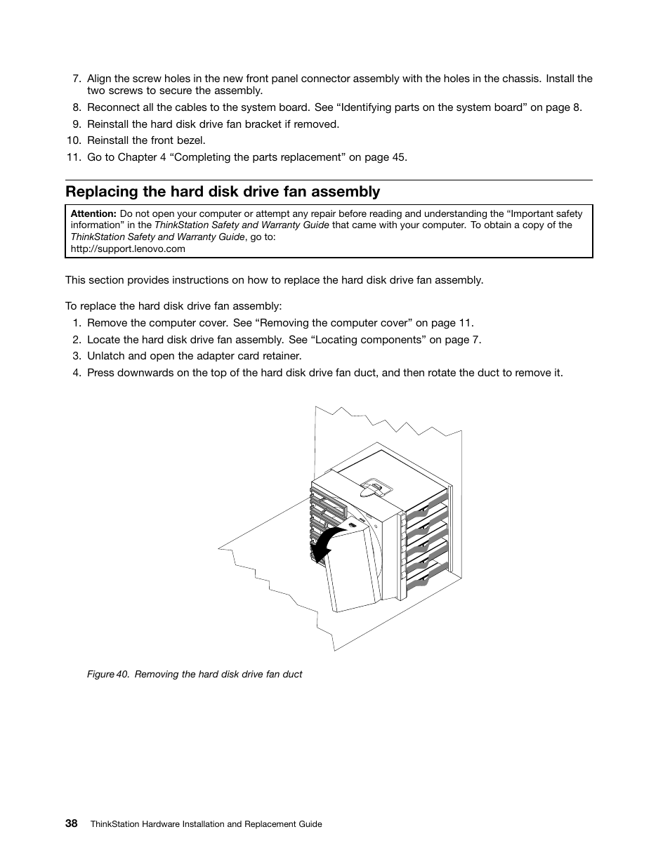Replacing the hard disk drive fan assembly, Removing the hard disk drive fan duct | Lenovo ThinkStation D20 User Manual | Page 44 / 64