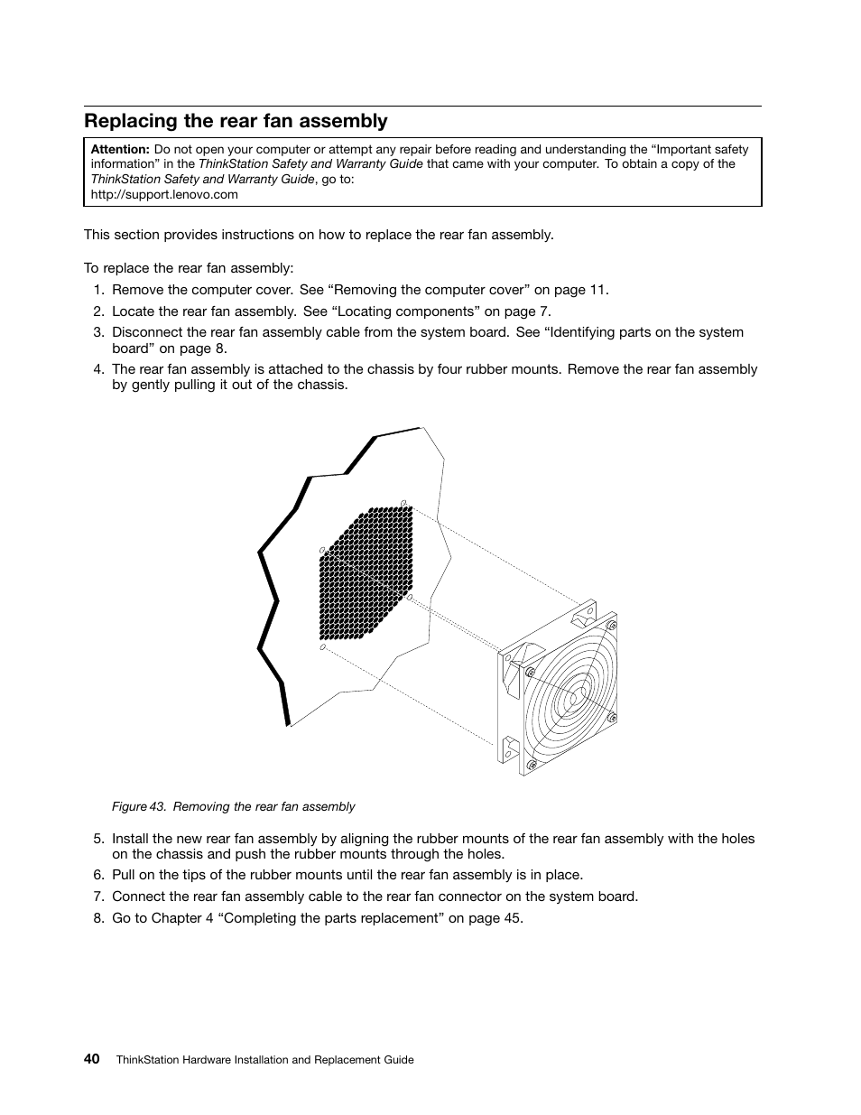Replacing the rear fan assembly, Removing the rear fan assembly | Lenovo ThinkStation D20 User Manual | Page 46 / 64
