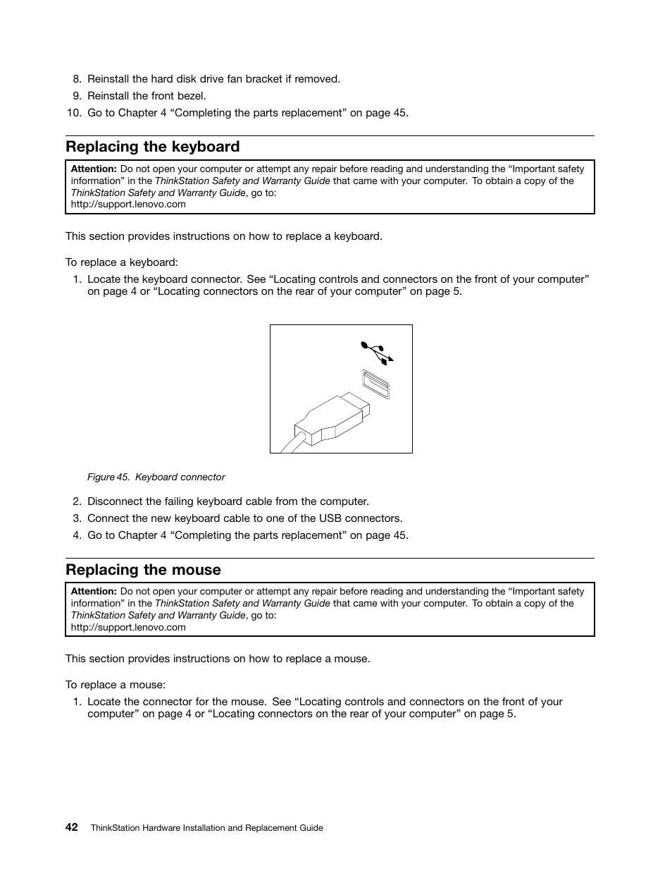 Replacing the keyboard, Replacing the mouse, Keyboard connector | Lenovo ThinkStation D20 User Manual | Page 48 / 64