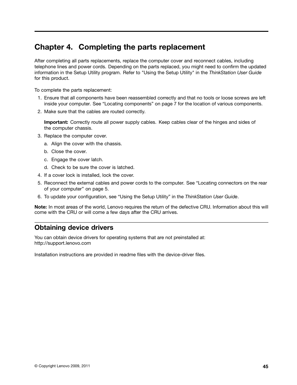 Chapter 4. completing the parts replacement, Obtaining device drivers | Lenovo ThinkStation D20 User Manual | Page 51 / 64
