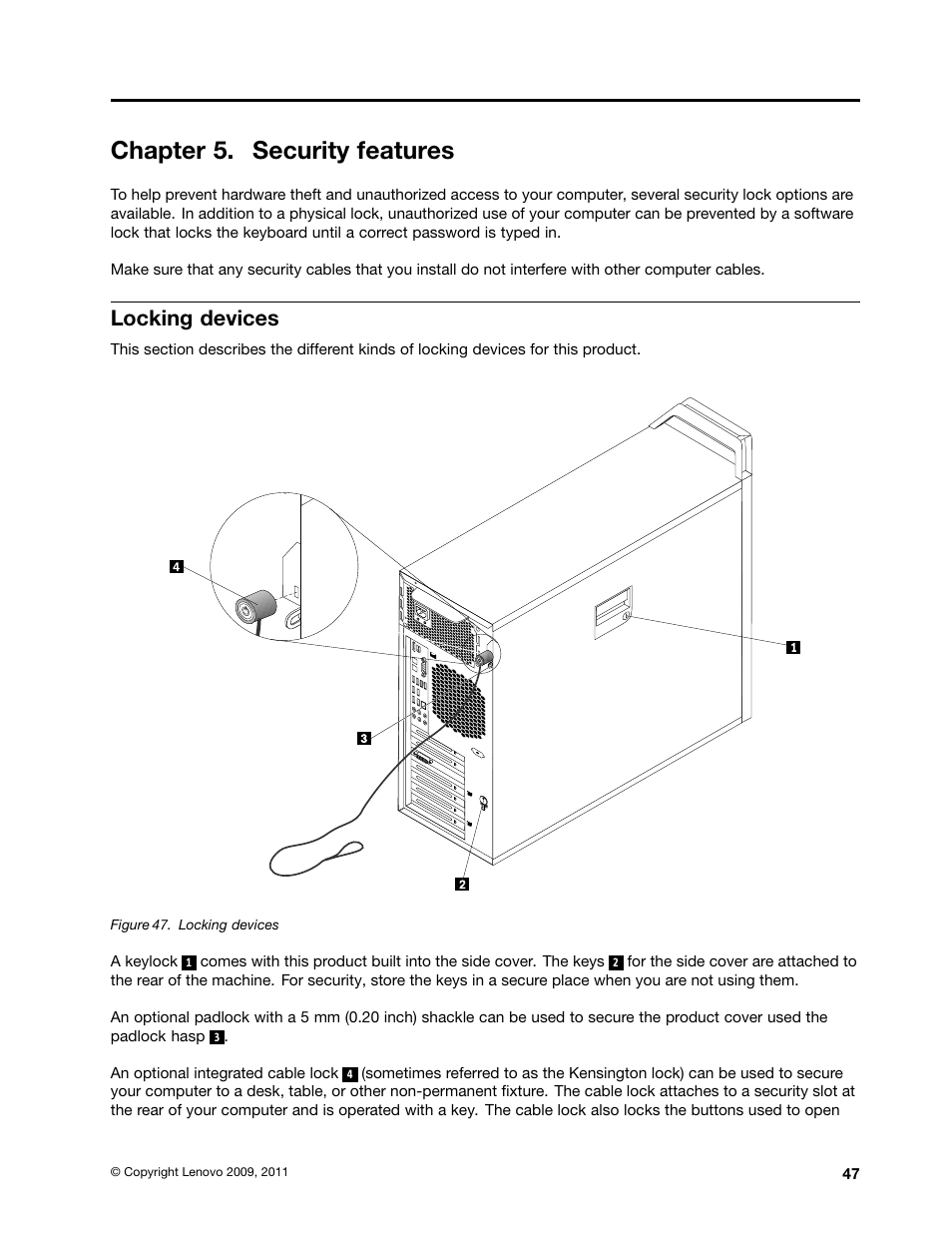 Chapter 5. security features, Locking devices | Lenovo ThinkStation D20 User Manual | Page 53 / 64