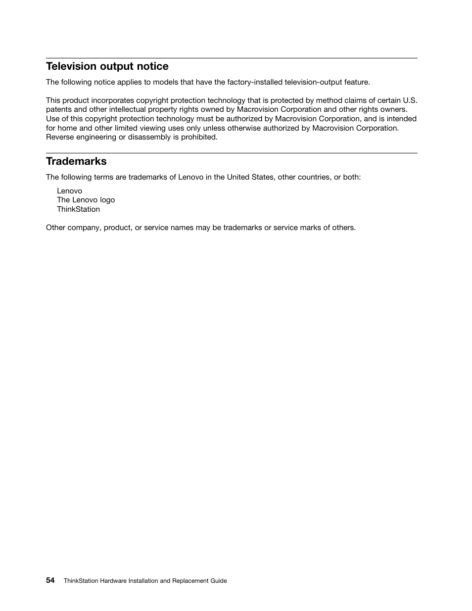 Television output notice, Trademarks | Lenovo ThinkStation D20 User Manual | Page 60 / 64
