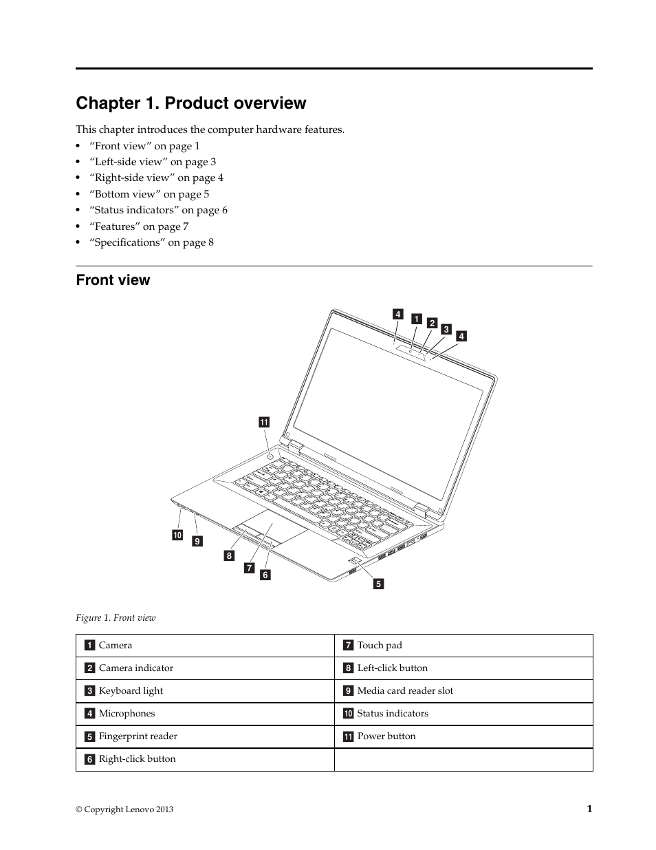 Chapter 1. product overview, Front view | Lenovo K4450 Notebook User Manual | Page 15 / 56