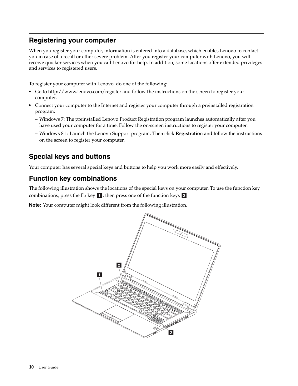 Registering your computer, Special keys and buttons, Registering your computer special keys and buttons | Function key combinations | Lenovo K4450 Notebook User Manual | Page 24 / 56